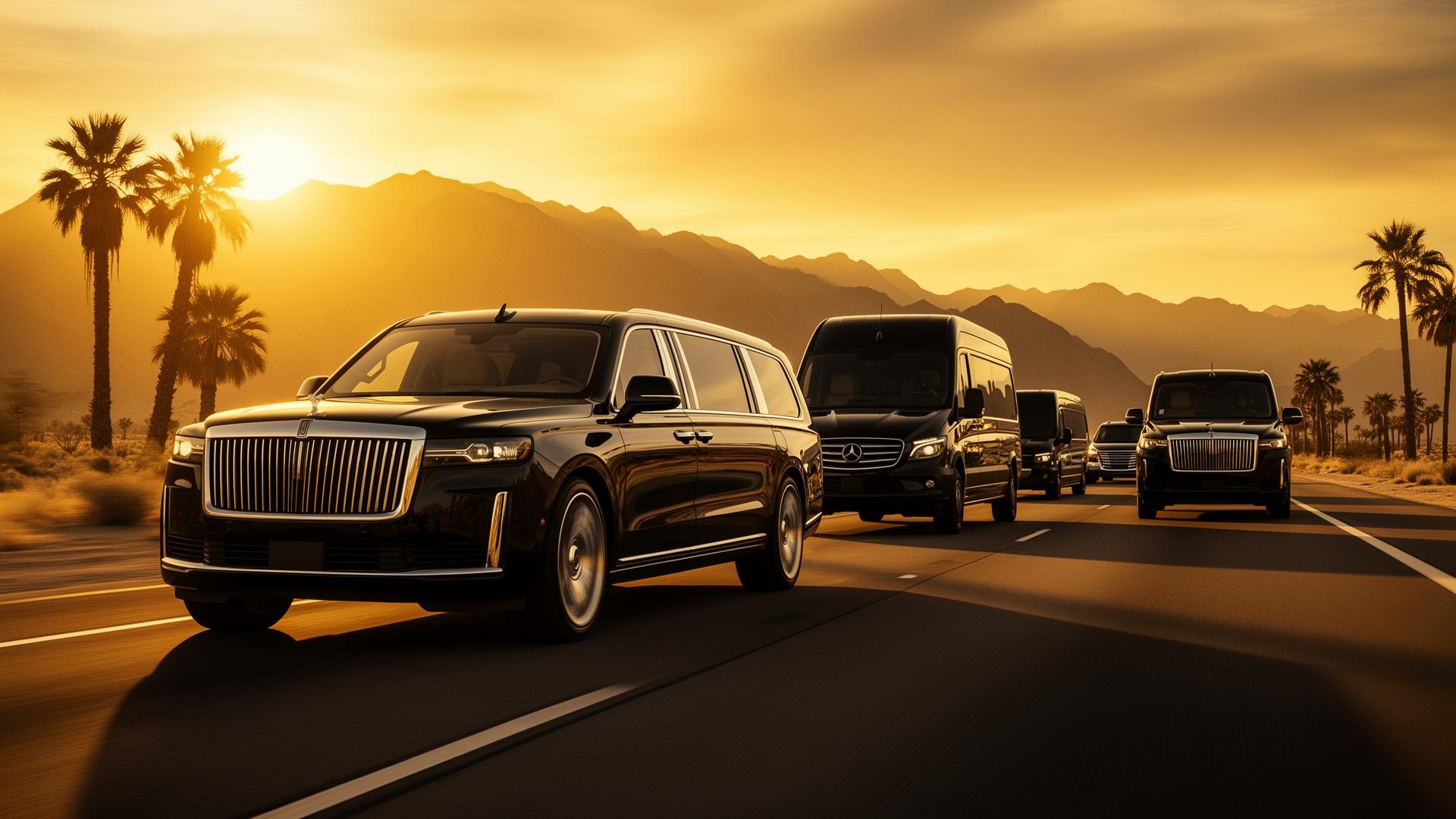 Black luxury convoy on a Coachella Valley highway at golden hour